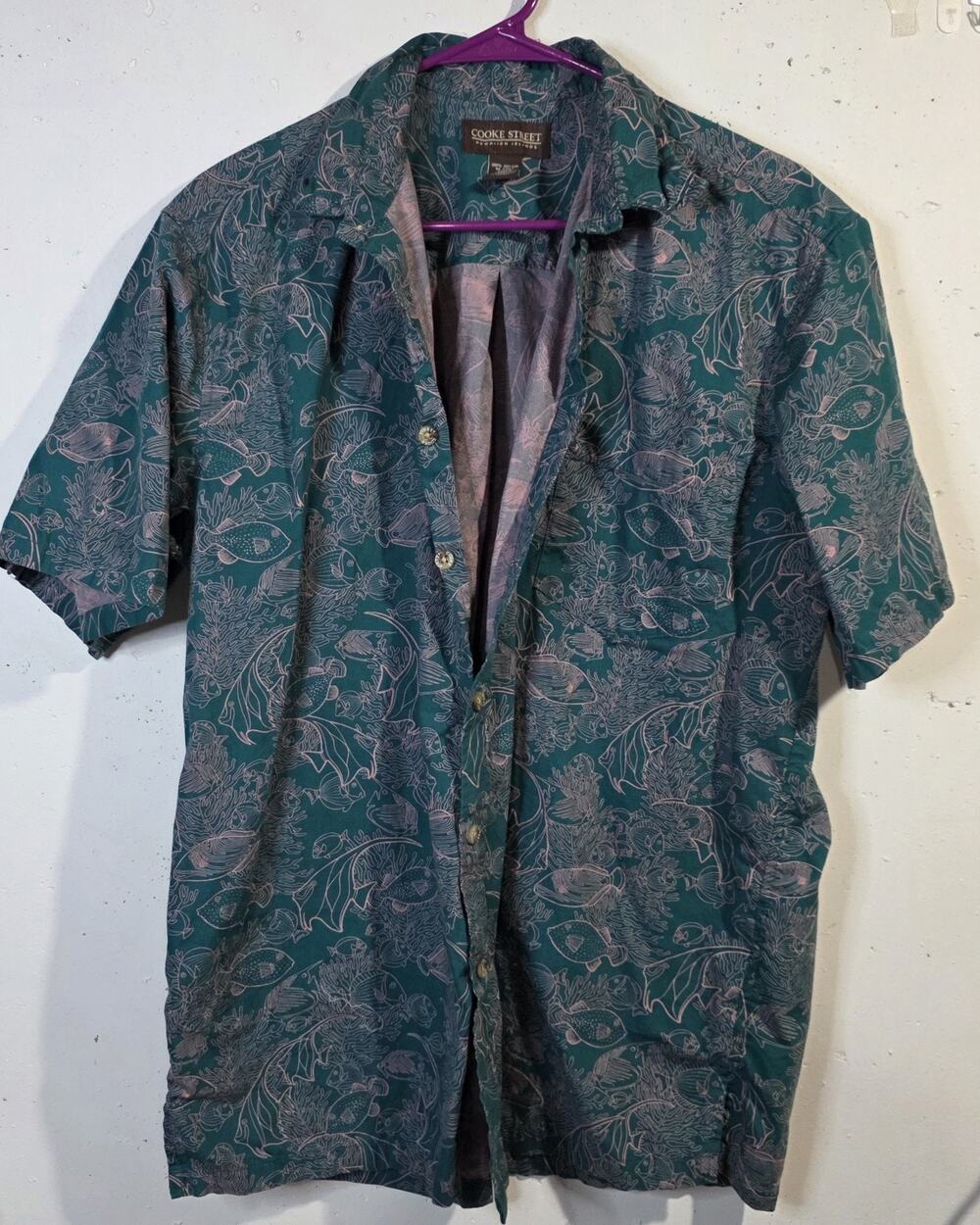 Vintage Cooke Street Hawaiian Shirt Men's [S] Teal Fish Coral 100% Cotton